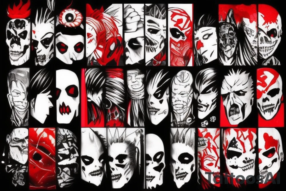 on full arm, trash polka + japanese, black end red
no skulls tattoo idea