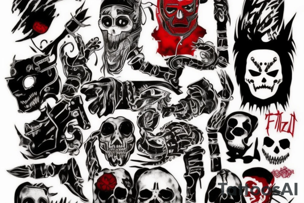 on full arm, trash polka + japanese, black end red
no skulls tattoo idea