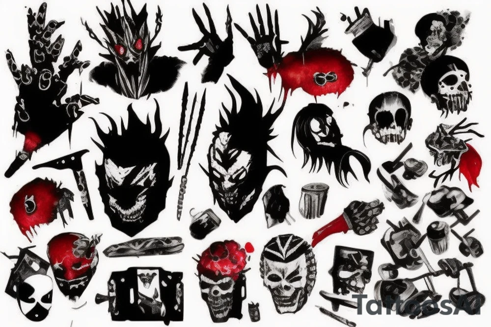 on full arm, trash polka + japanese, black end red
no skulls tattoo idea