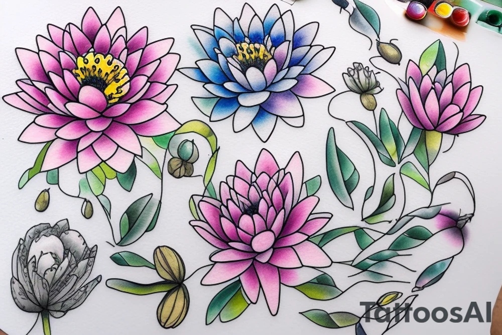 Water lily, daisy, poppy flower bouquet intertwined pastels colors tattoo idea