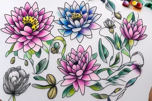 Water lily, daisy, poppy flower bouquet intertwined pastels colors tattoo idea
