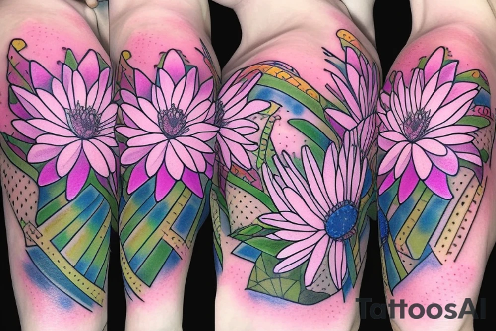 Water lily, daisy, poppy flower bouquet intertwined pastels colors tattoo idea