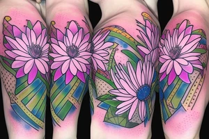 Water lily, daisy, poppy flower bouquet intertwined pastels colors tattoo idea