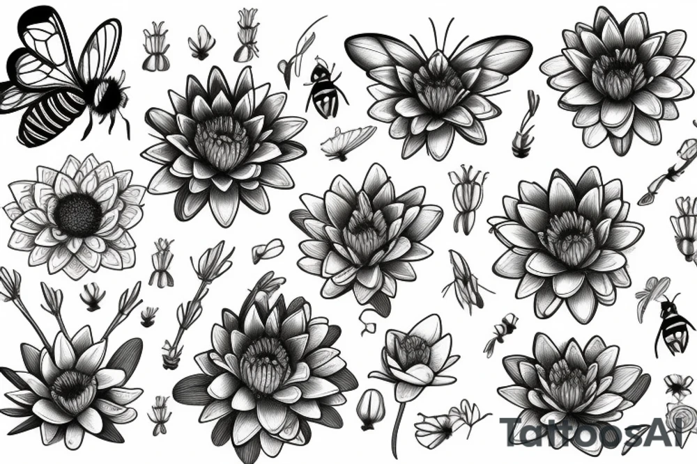 Three flowers Water lily, daisy, poppy all intertwined with a bee on one a butterfly flying and a bird tattoo idea