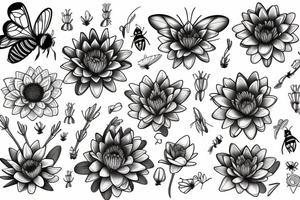 Three flowers Water lily, daisy, poppy all intertwined with a bee on one a butterfly flying and a bird tattoo idea