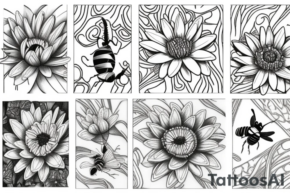 Three flowers Water lily, daisy, poppy all intertwined with a bee on one a butterfly flying and a bird tattoo idea