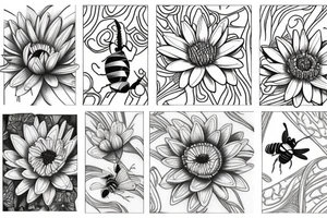 Three flowers Water lily, daisy, poppy all intertwined with a bee on one a butterfly flying and a bird tattoo idea