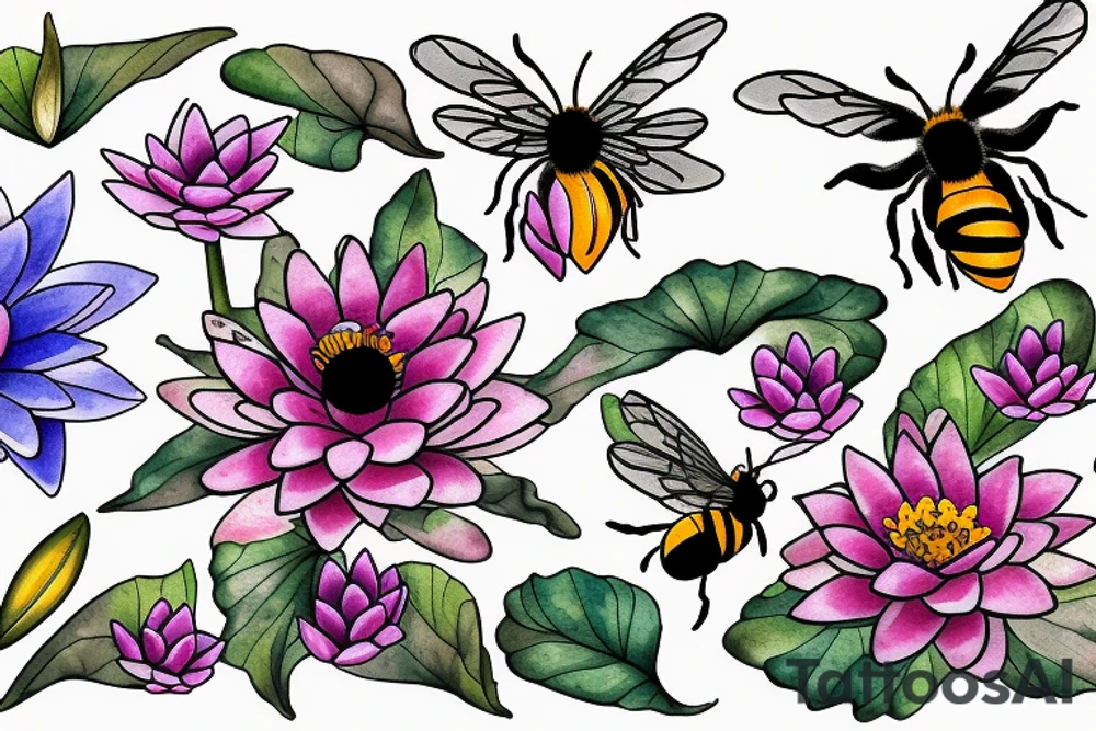 Three flowers Water lily, daisy, poppy all intertwined with a bee on one a butterfly flying and a bird tattoo idea