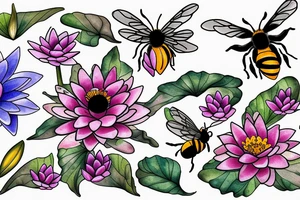 Three flowers Water lily, daisy, poppy all intertwined with a bee on one a butterfly flying and a bird tattoo idea