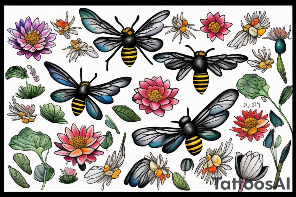 Three flowers Water lily, daisy, poppy all intertwined with a bee on one a butterfly flying and a bird tattoo idea