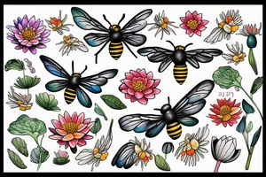Three flowers Water lily, daisy, poppy all intertwined with a bee on one a butterfly flying and a bird tattoo idea