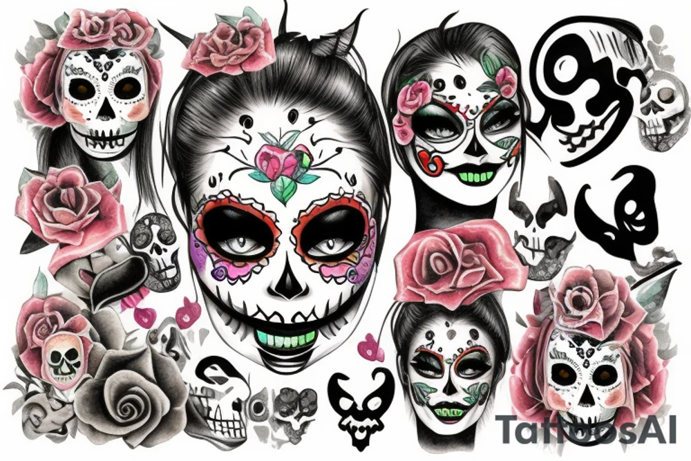 Jinx with a Calavera mask on her face tattoo idea