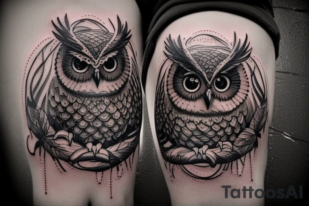 Create a highly detailed and photorealistic black ink tattoo design of an owl perched on a branch. The owl should have intricate feather patterns, realistic eyes, and sharp talons. In its claws, the owl should be holding an hourglass. The hourglass should be made of a two-headed ouroboros, with both snake heads intricately entwined to form the shape of the hourglass. The snakes should have scales and detailed features. The owl should be positioned in a way that highlights the hourglass, and the shading and textures should add depth and realism to the overall design. The final result should capture the beauty and realism of a photograph, showcasing the fine details and contrast of light and shadow in the black ink medium. tattoo idea