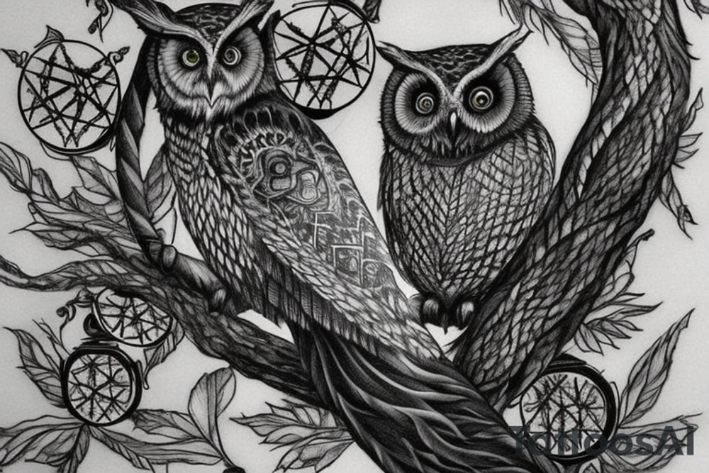 Create a highly detailed and photorealistic black ink tattoo design of an owl perched on a branch. The owl should have intricate feather patterns, realistic eyes, and sharp talons. In its claws, the owl should be holding an hourglass. The hourglass should be made of a two-headed ouroboros, with both snake heads intricately entwined to form the shape of the hourglass. The snakes should have scales and detailed features. The owl should be positioned in a way that highlights the hourglass, and the shading and textures should add depth and realism to the overall design. The final result should capture the beauty and realism of a photograph, showcasing the fine details and contrast of light and shadow in the black ink medium. tattoo idea