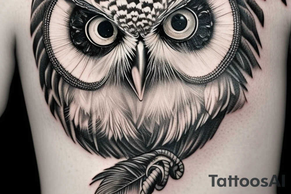 Create a highly detailed and photorealistic black ink tattoo design of an owl perched on a branch. The owl should have intricate feather patterns, realistic eyes, and sharp talons. In its claws, the owl should be holding an hourglass. The hourglass should be made of a two-headed ouroboros, with both snake heads intricately entwined to form the shape of the hourglass. The snakes should have scales and detailed features. The owl should be positioned in a way that highlights the hourglass, and the shading and textures should add depth and realism to the overall design. The final result should capture the beauty and realism of a photograph, showcasing the fine details and contrast of light and shadow in the black ink medium. tattoo idea