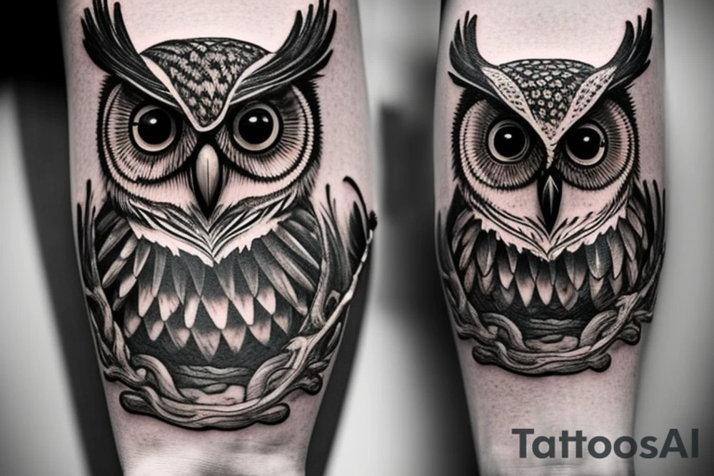 Create a highly detailed and photorealistic black ink tattoo design of an owl perched on a branch. The owl should have intricate feather patterns, realistic eyes, and sharp talons. In its claws, the owl should be holding an hourglass. The hourglass should be made of a two-headed ouroboros, with both snake heads intricately entwined to form the shape of the hourglass. The snakes should have scales and detailed features. The owl should be positioned in a way that highlights the hourglass, and the shading and textures should add depth and realism to the overall design. The final result should capture the beauty and realism of a photograph, showcasing the fine details and contrast of light and shadow in the black ink medium. tattoo idea