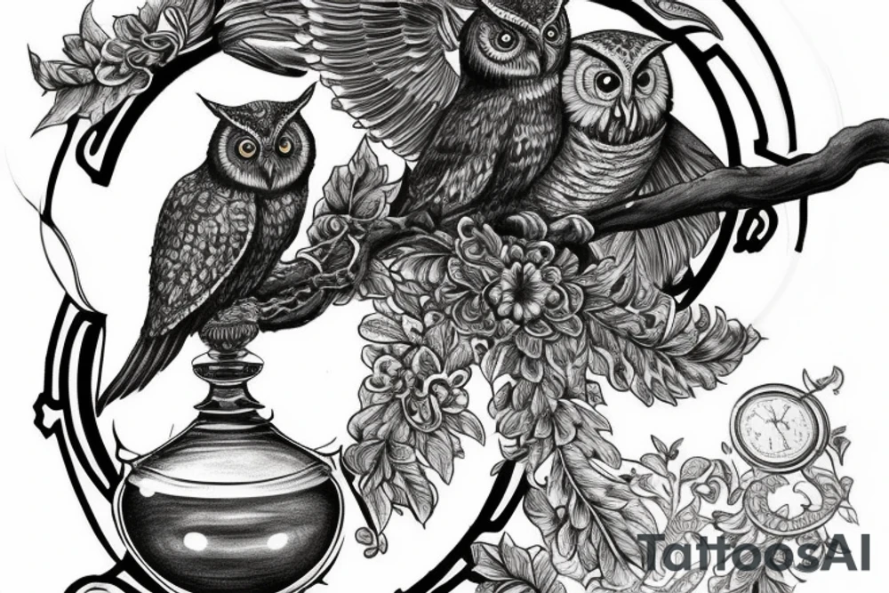 Create a highly detailed and photorealistic black ink tattoo design of an owl holding an hourglass. The owl should have intricate feather patterns, realistic eyes, and sharp talons. In its claws, the owl should be holding an hourglass. The hourglass should be made of a two-headed ouroboros, with both snake heads intricately entwined to form the shape of the hourglass. The snakes should have scales and detailed features. The owl should be positioned in a way that highlights the hourglass, and the shading and textures should add depth and realism to the overall design. The final result should capture the beauty and realism of a photograph, showcasing the fine details and contrast of light and shadow in the black ink medium. tattoo idea