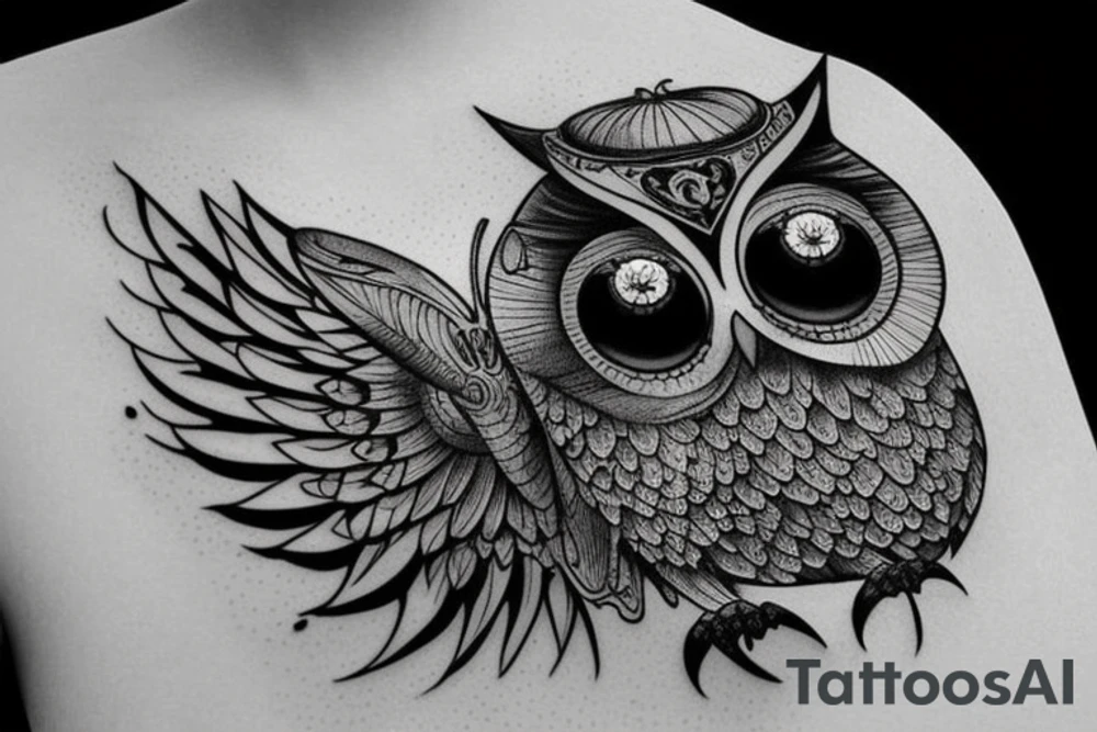 Create a highly detailed and photorealistic black ink tattoo design of an owl holding an hourglass. tattoo idea