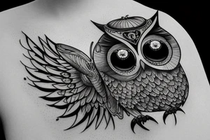 Create a highly detailed and photorealistic black ink tattoo design of an owl holding an hourglass. tattoo idea