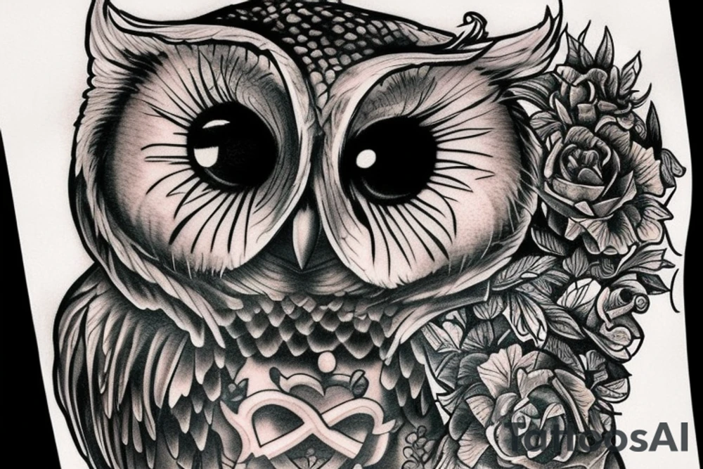 Create a highly detailed and photorealistic black ink tattoo design of an owl holding an hourglass. tattoo idea
