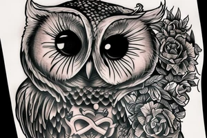 Create a highly detailed and photorealistic black ink tattoo design of an owl holding an hourglass. tattoo idea