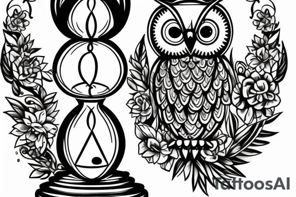 Owl holding an hourglass. tattoo idea