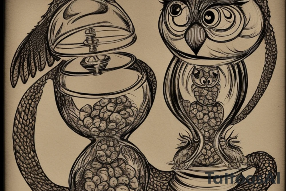 Owl holding an hourglass. The owl should have intricate feather patterns, realistic eyes, and sharp talons. In its claws, the owl should be holding an hourglass. The hourglass should be made of a two-headed ouroboros, with both snake heads intricately entwined to form the shape of the hourglass. The snakes should have scales and detailed features. The owl should be positioned in a way that highlights the hourglass, and the shading and textures should add depth and realism to the overall design. The final result should capture the beauty and realism of a photograph, showcasing the fine details and contrast of light and shadow in the black ink medium. tattoo idea