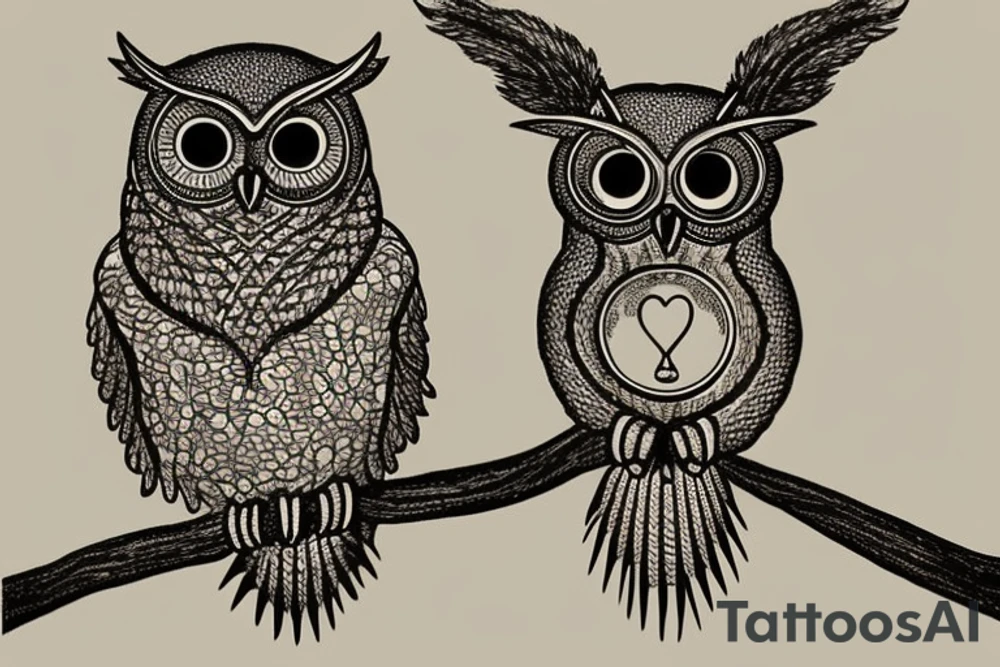 Owl holding an hourglass. The owl should have intricate feather patterns, realistic eyes, and sharp talons. In its claws, the owl should be holding an hourglass. The hourglass should be made of a two-headed ouroboros, with both snake heads intricately entwined to form the shape of the hourglass. The snakes should have scales and detailed features. The owl should be positioned in a way that highlights the hourglass, and the shading and textures should add depth and realism to the overall design. The final result should capture the beauty and realism of a photograph, showcasing the fine details and contrast of light and shadow in the black ink medium. tattoo idea