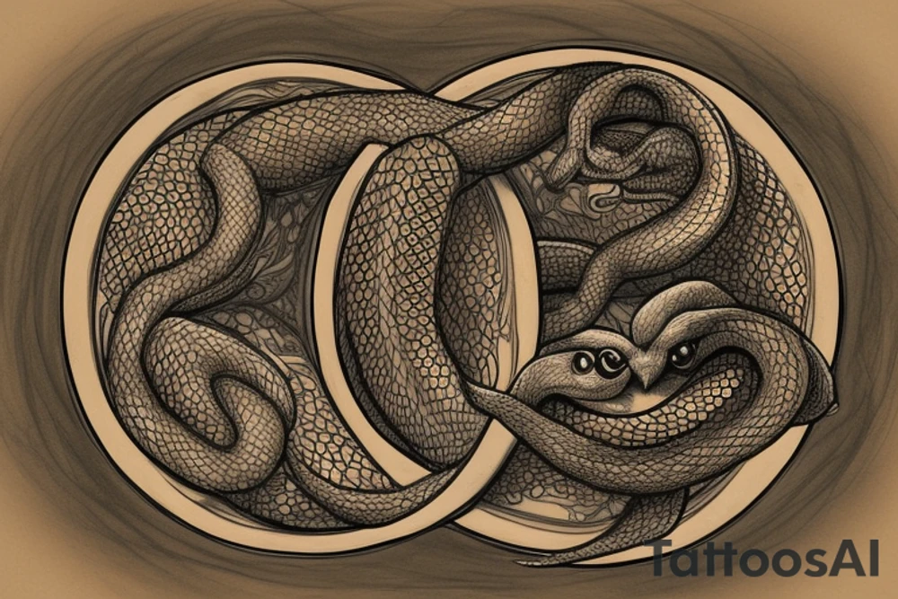 The hourglass should be made of a two-headed ouroboros, with both snake heads intricately entwined to form the shape of the hourglass. The snakes should have scales and detailed features. The owl should be positioned in a way that highlights the hourglass, and the shading and textures should add depth and realism to the overall design. The final result should capture the beauty and realism of a photograph, showcasing the fine details and contrast of light and shadow in the black ink medium. tattoo idea