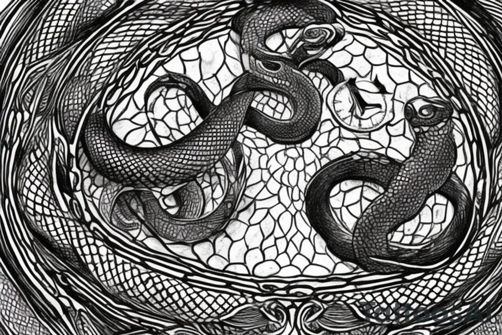 The hourglass should be made of a two-headed ouroboros, with both snake heads intricately entwined to form the shape of the hourglass. The snakes should have scales and detailed features. The owl should be positioned in a way that highlights the hourglass, and the shading and textures should add depth and realism to the overall design. The final result should capture the beauty and realism of a photograph, showcasing the fine details and contrast of light and shadow in the black ink medium. tattoo idea