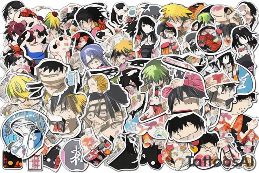 Japanese street landscape anime style. Small tattoo, similar to a sticker. tattoo idea