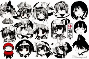 Japanese street landscape anime style. Small tattoo, similar to a sticker. tattoo idea