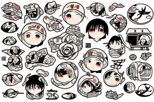 Japanese landscape anime style. Small tattoo, similar to a sticker. tattoo idea