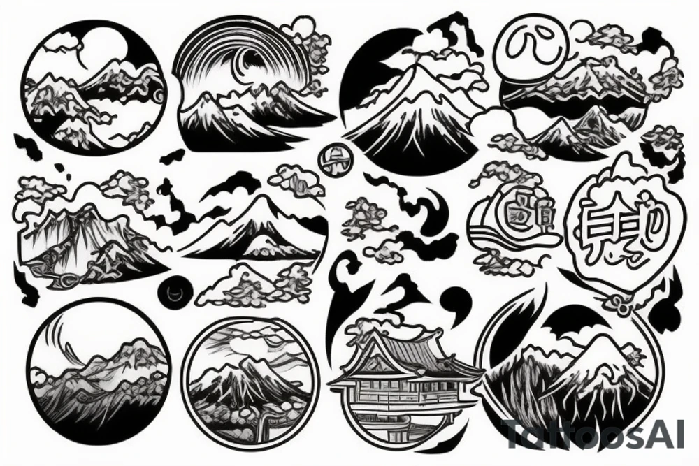 Japanese landscape anime style. Small tattoo, similar to a sticker. tattoo idea