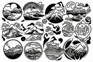 Japanese landscape anime style. Small tattoo, similar to a sticker. tattoo idea