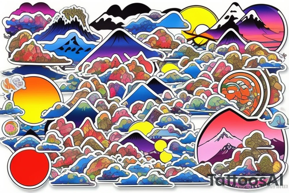 Japanese colourful landscape anime style. Small tattoo, similar to a sticker. tattoo idea