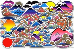 Japanese colourful landscape anime style. Small tattoo, similar to a sticker. tattoo idea