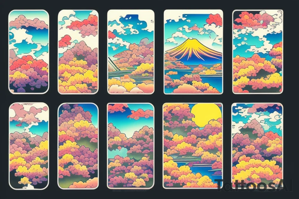Japanese colourful landscape anime style. Small tattoo, similar to a sticker. tattoo idea