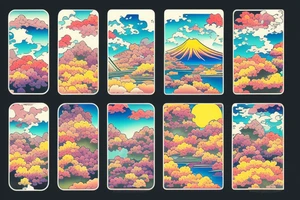 Japanese colourful landscape anime style. Small tattoo, similar to a sticker. tattoo idea