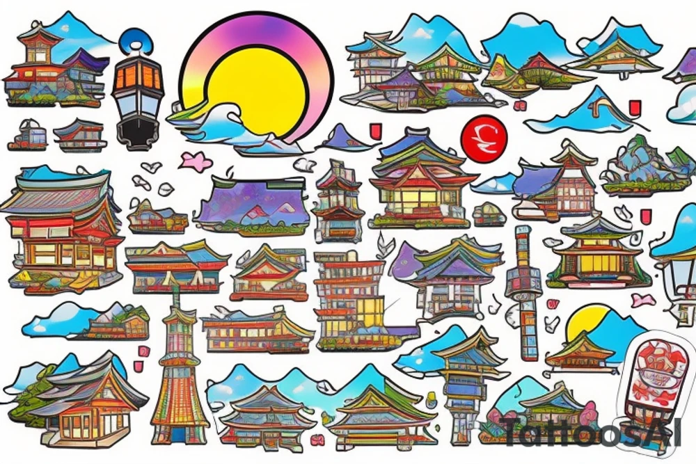 Japanese city colourful landscape anime style. Small tattoo, similar to a sticker. tattoo idea