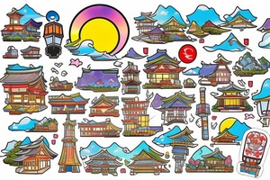 Japanese city colourful landscape anime style. Small tattoo, similar to a sticker. tattoo idea