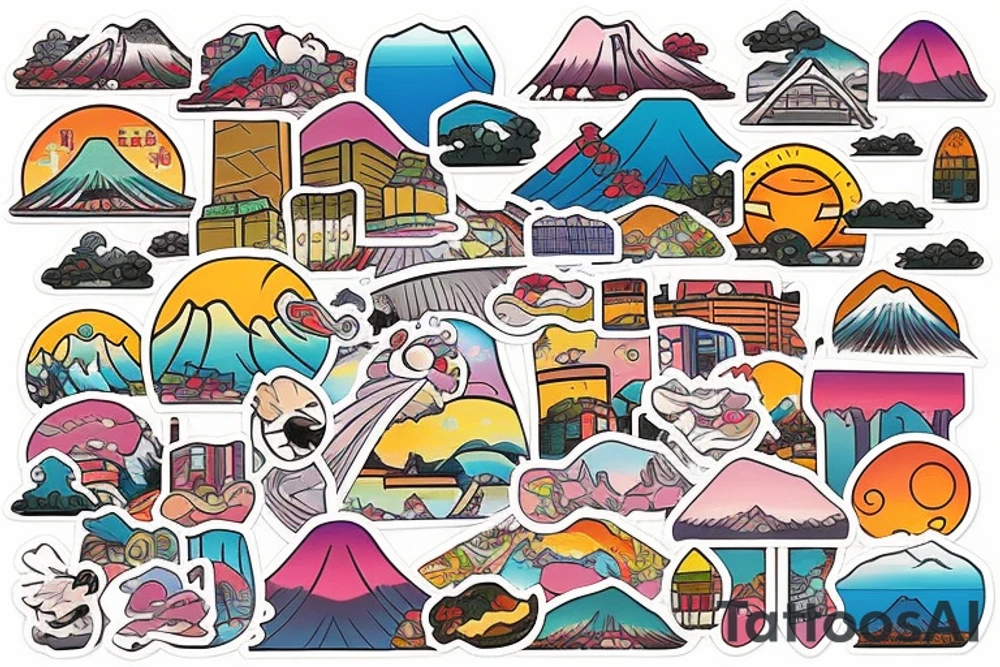 Japanese city colourful landscape anime style. Small tattoo, similar to a sticker. tattoo idea