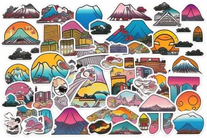 Japanese city colourful landscape anime style. Small tattoo, similar to a sticker. tattoo idea