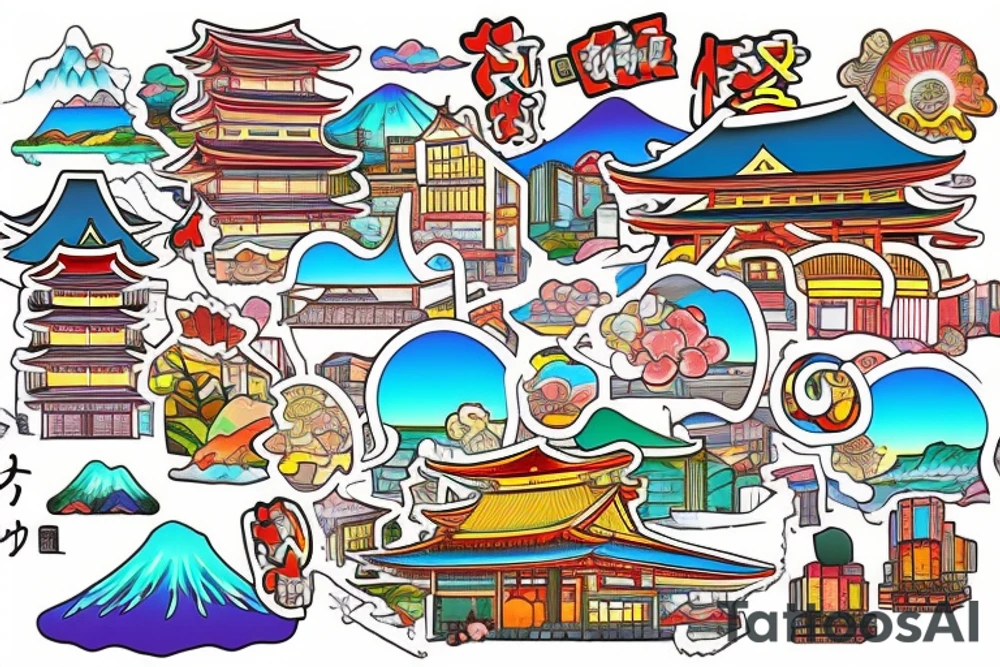 Japanese city colourful landscape anime style. Small tattoo, similar to a sticker. tattoo idea