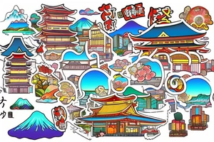 Japanese city colourful landscape anime style. Small tattoo, similar to a sticker. tattoo idea
