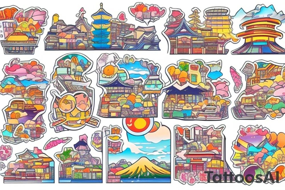 Japanese city colourful landscape anime style. Small tattoo, similar to a sticker. tattoo idea