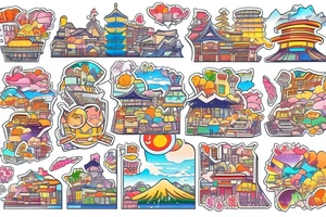 Japanese city colourful landscape anime style. Small tattoo, similar to a sticker. tattoo idea