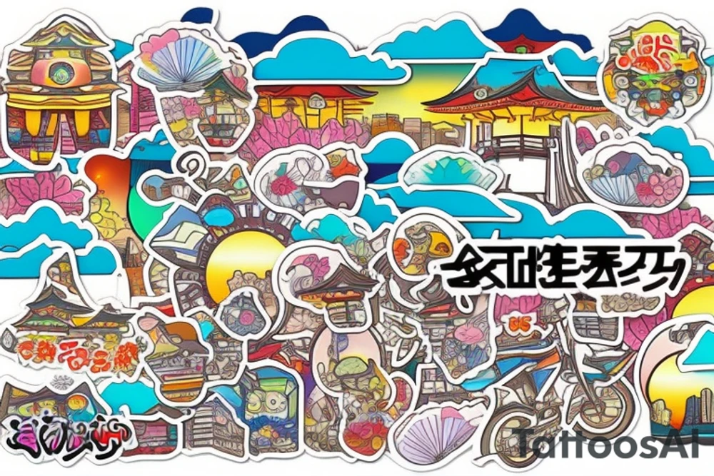 Japanese city colourful landscape anime style. Small tattoo, similar to a sticker. tattoo idea