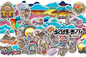Japanese city colourful landscape anime style. Small tattoo, similar to a sticker. tattoo idea