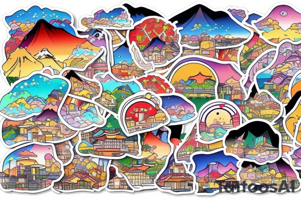 Japanese city colourful landscape anime style. Small tattoo, similar to a sticker. tattoo idea